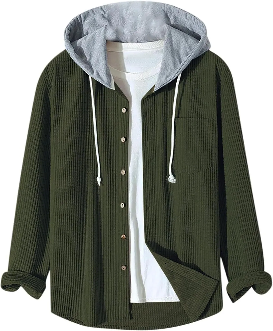 Men's Corduroy Shirt Jackets Long Sleeve Button-Down Casual Hooded Shacket Jacket Versatile Warm Outerwear with Pockets