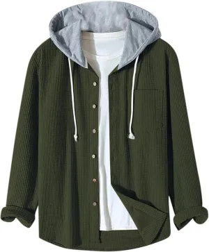 Men's Corduroy Shirt Jackets Long Sleeve Button-Down Casual Hooded Shacket Jacket Versatile Warm Outerwear with Pockets