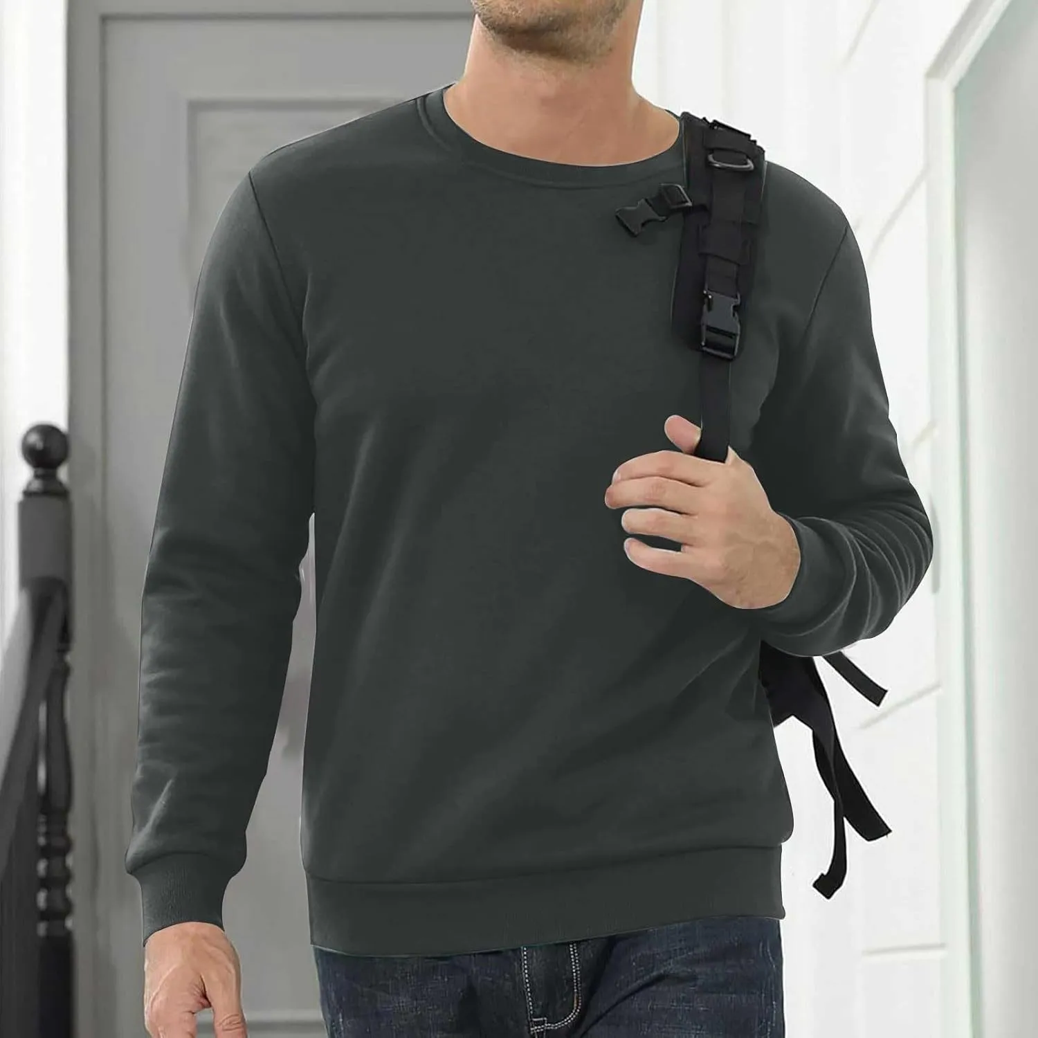 Mens Crewneck Sweatshirt Soild Fleece Long Sleeve Sweatshirts Trendy Soft Loose Fit Basic Fall Winter Thermal Tops