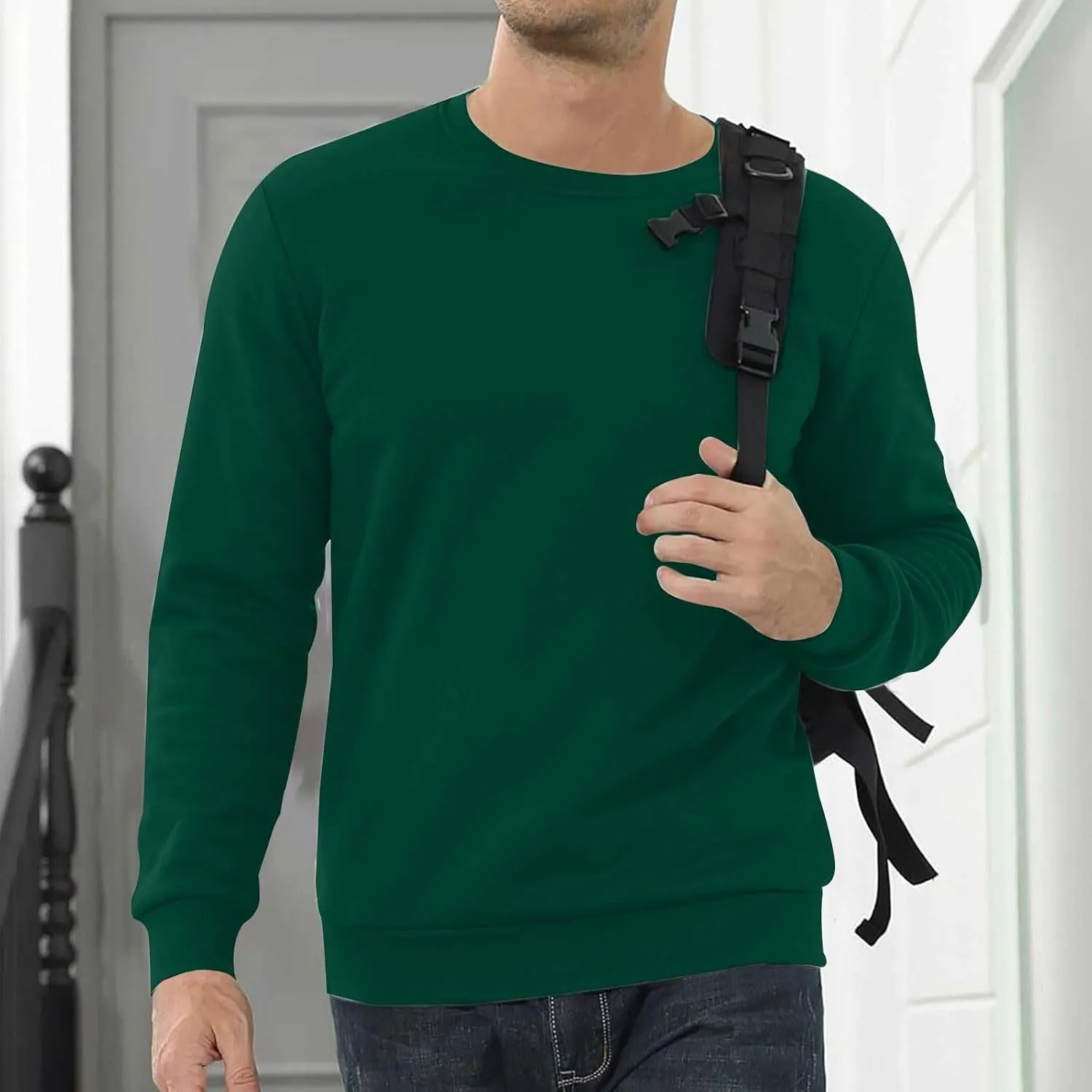 Mens Crewneck Sweatshirt Soild Fleece Long Sleeve Sweatshirts Trendy Soft Loose Fit Basic Fall Winter Thermal Tops