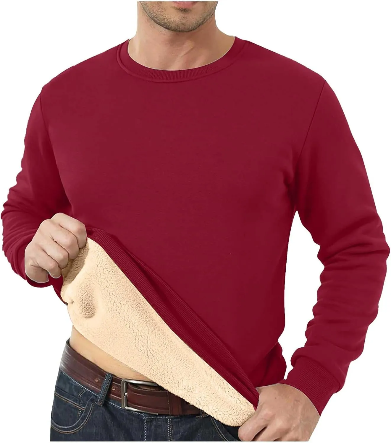 Mens Crewneck Sweatshirt Soild Fleece Long Sleeve Sweatshirts Trendy Soft Loose Fit Basic Fall Winter Thermal Tops