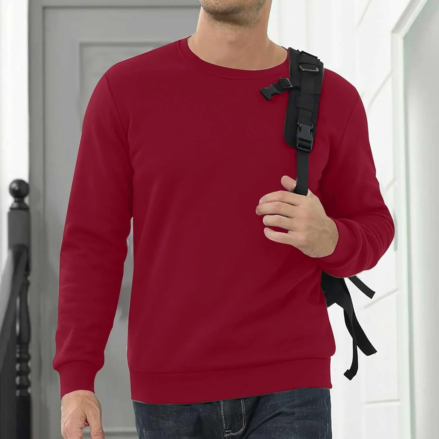 Mens Crewneck Sweatshirt Soild Fleece Long Sleeve Sweatshirts Trendy Soft Loose Fit Basic Fall Winter Thermal Tops