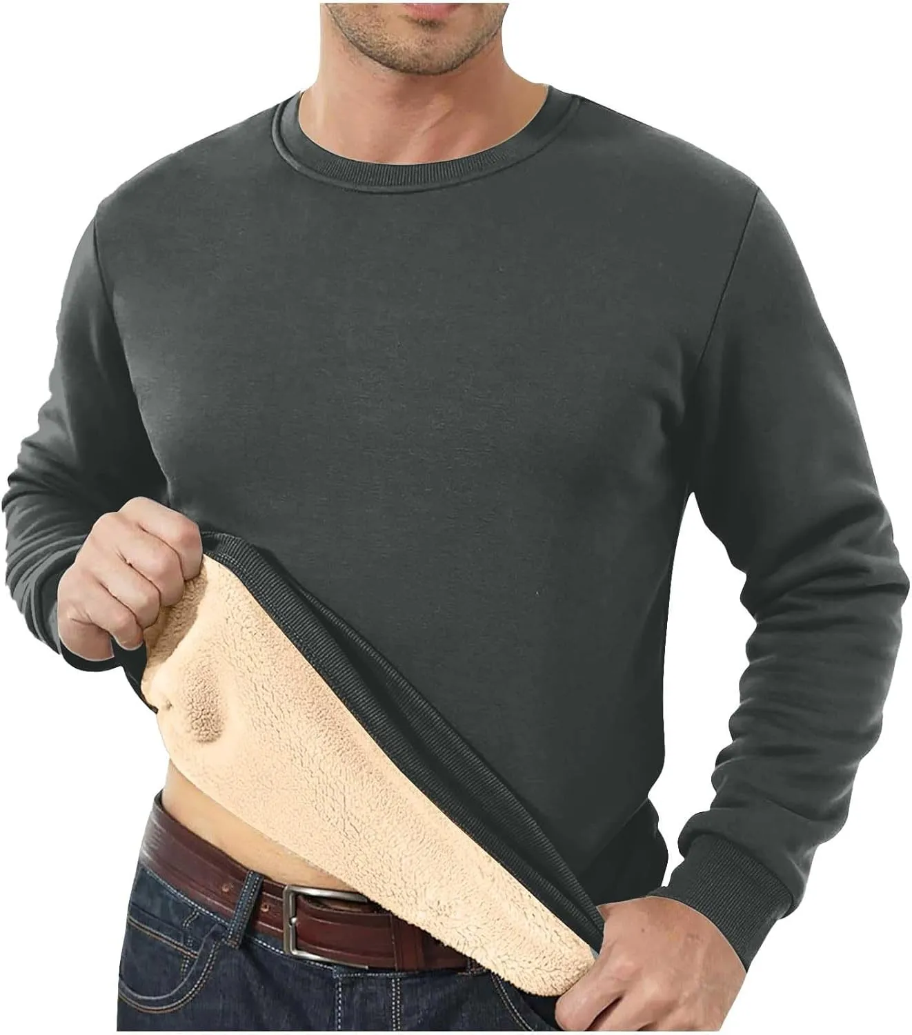 Mens Crewneck Sweatshirt Soild Fleece Long Sleeve Sweatshirts Trendy Soft Loose Fit Basic Fall Winter Thermal Tops