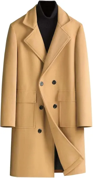 Men's Fall Winter Office Double Breasted Long Dress Wool Coat Overcoat Warm Woolen Casual Lapel Collar Trench Coats