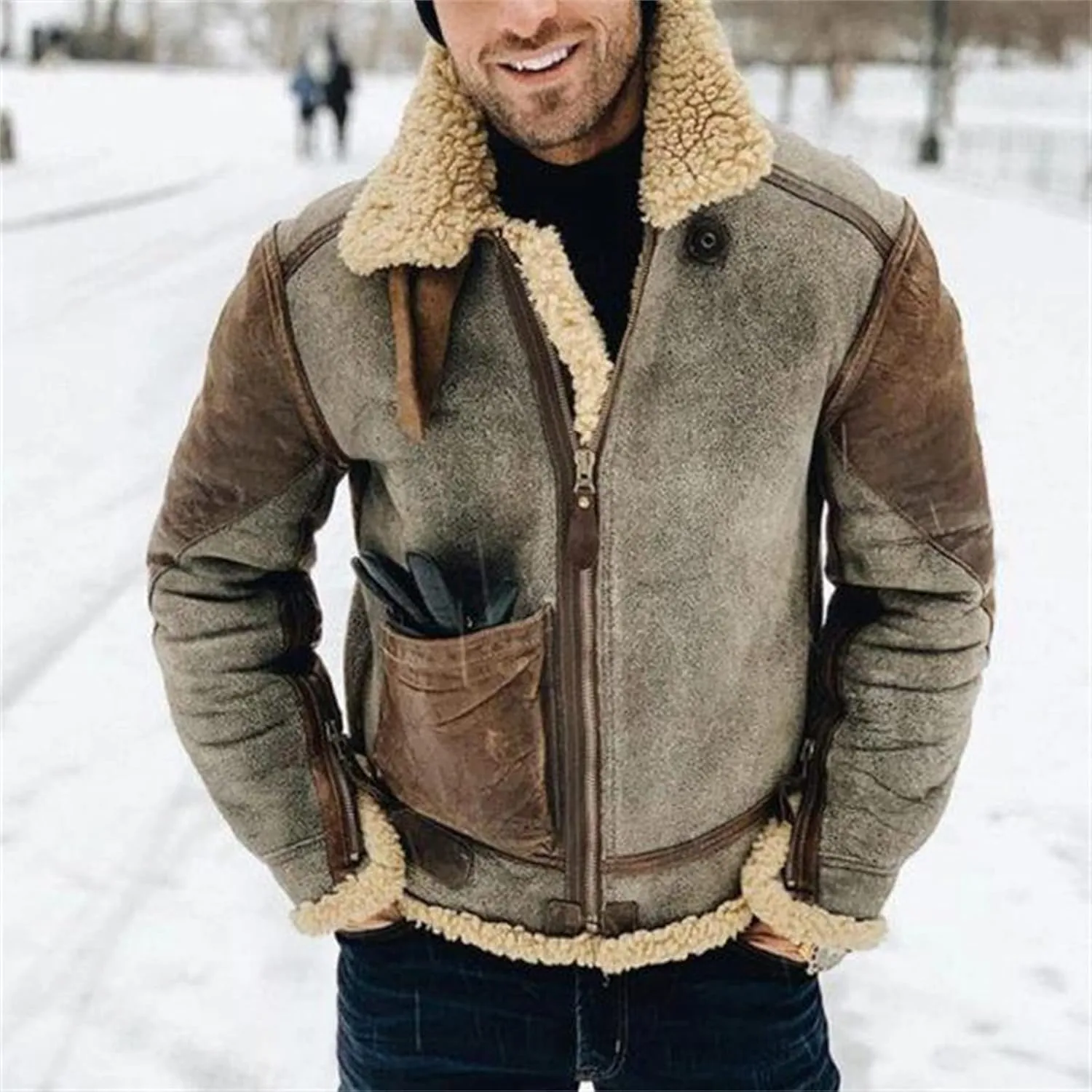 Mens Faux Leather Coat Faux Fur Overcoat Long Sleeve Lapel Zip Up Jacket Cozy Retro Fuzzy Sherpa Fleece Lined Jacket