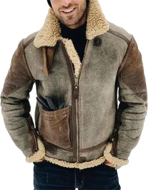 Mens Faux Leather Coat Faux Fur Overcoat Long Sleeve Lapel Zip Up Jacket Cozy Retro Fuzzy Sherpa Fleece Lined Jacket