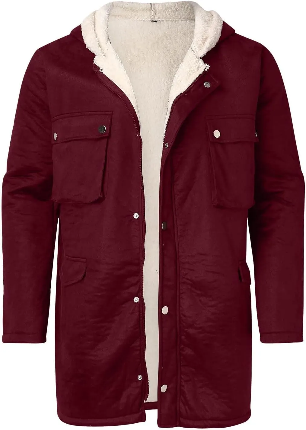 Men's Faux Leather Velvet Jacket Hood Padded Cozy Sherpa Fleece Lined Fur Jacket Zipper Casual Warm Winter Coat
