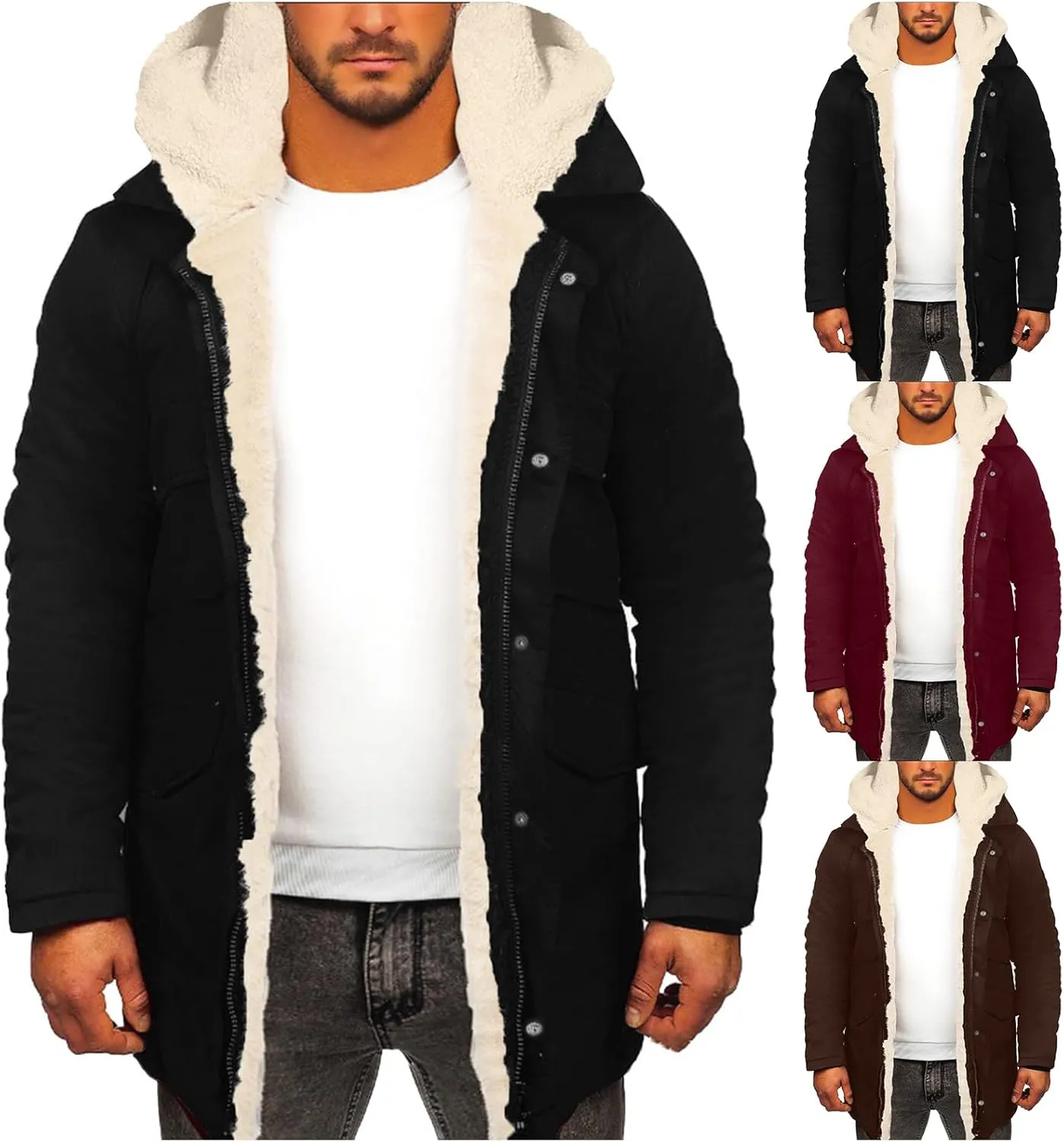 Men's Faux Leather Velvet Jacket Hood Padded Cozy Sherpa Fleece Lined Fur Jacket Zipper Casual Warm Winter Coat