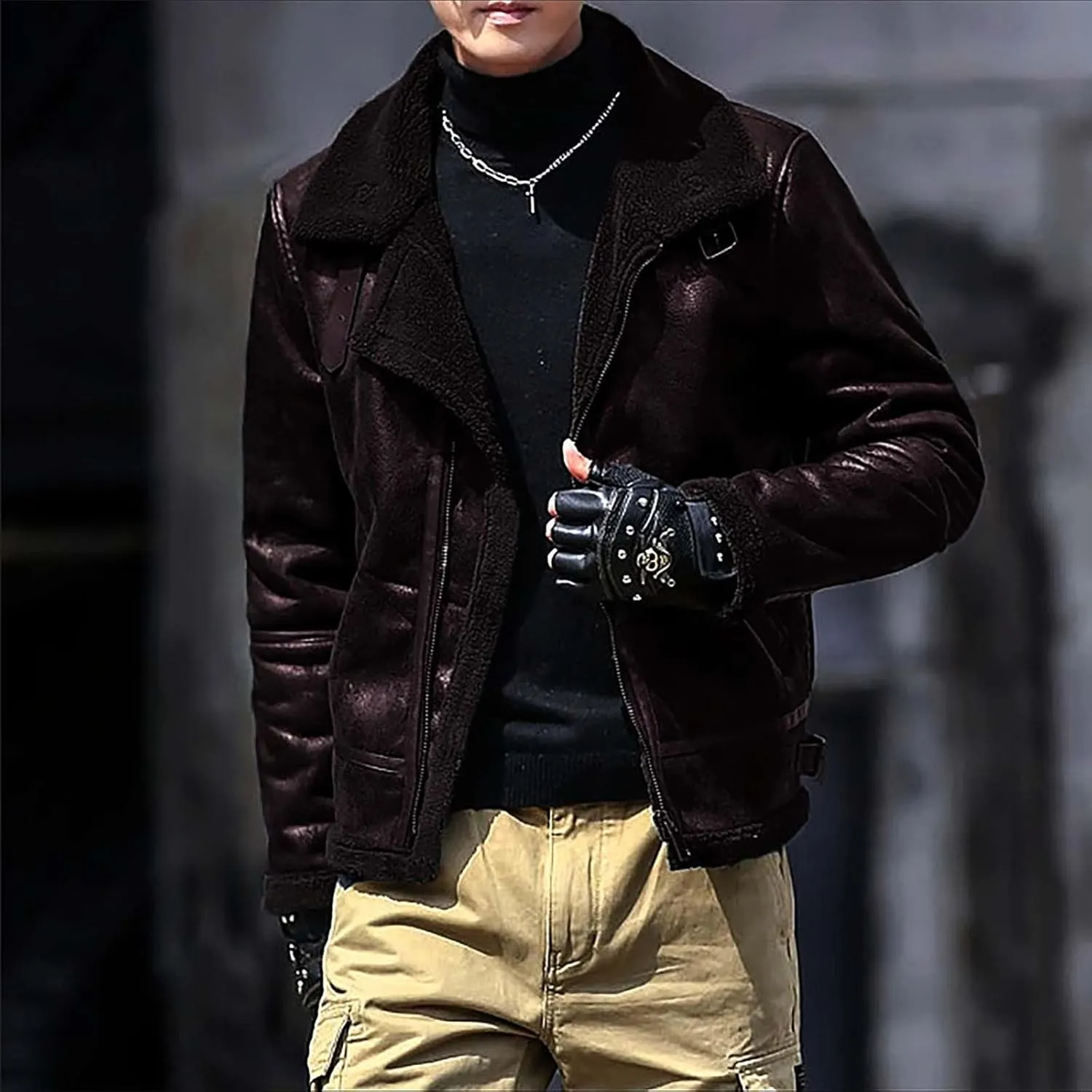 Mens Fleece Lined Jacket Faux Motorcycle Leather Jackets Winter Warm Jacket Coats Vintage Lapel Puffer Coats