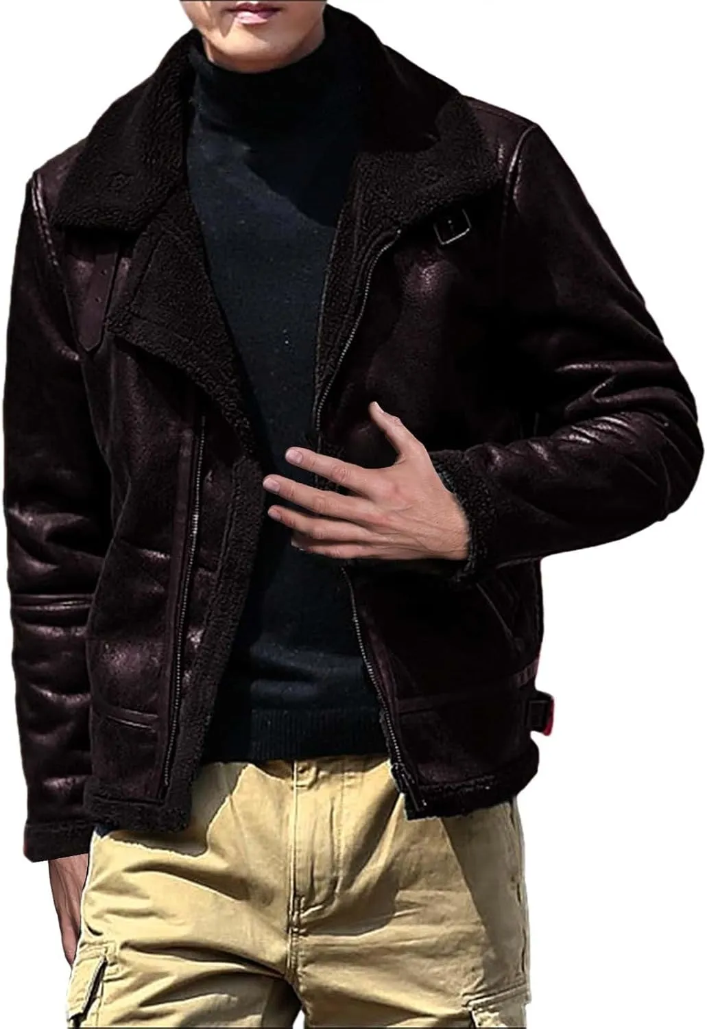 Mens Fleece Lined Jacket Faux Motorcycle Leather Jackets Winter Warm Jacket Coats Vintage Lapel Puffer Coats