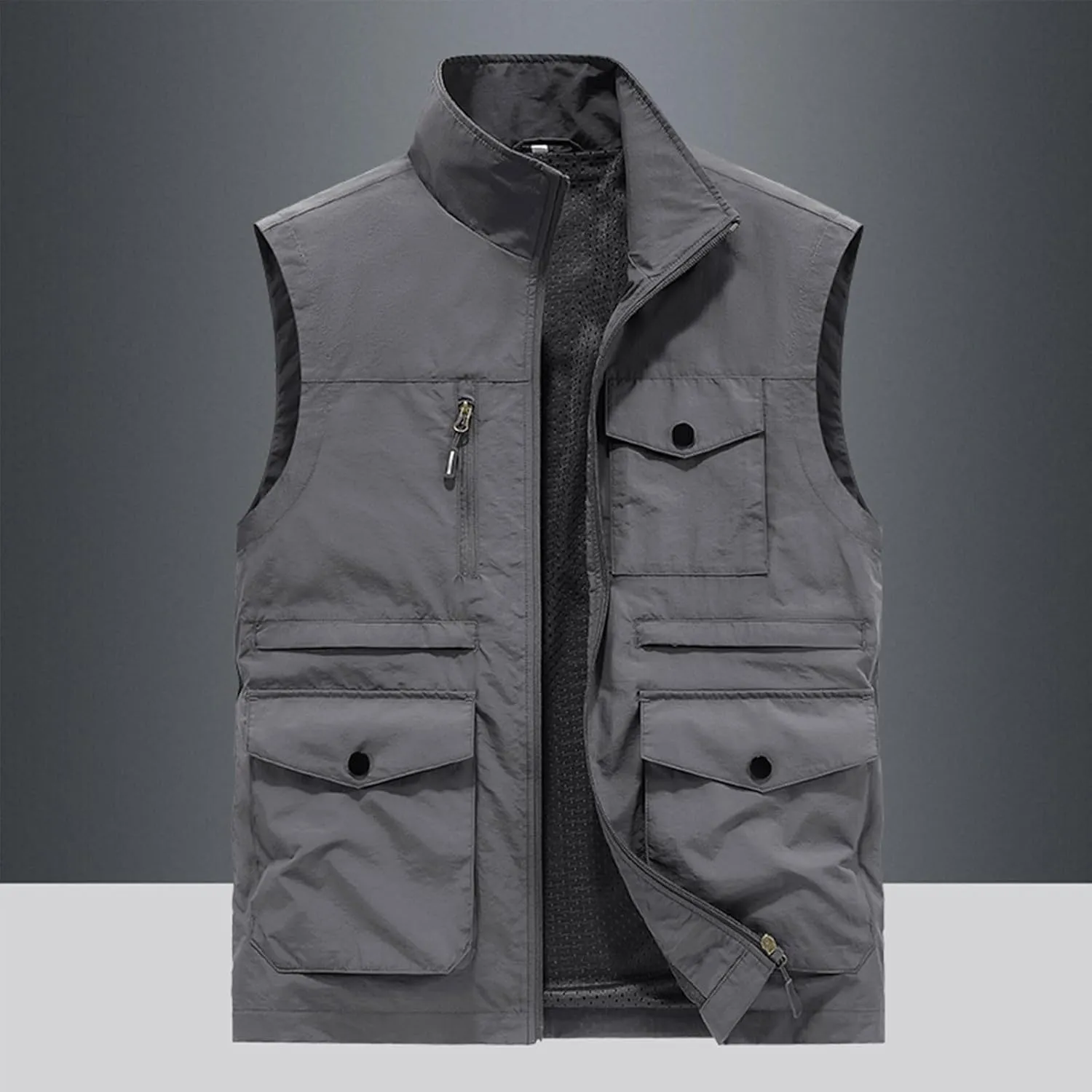 Mens Full-Zip Utility Work Vest Outdoor Sleeveless Softshell Jacket Multi-Pockets Cargo Vest for Fishing Photo Travel