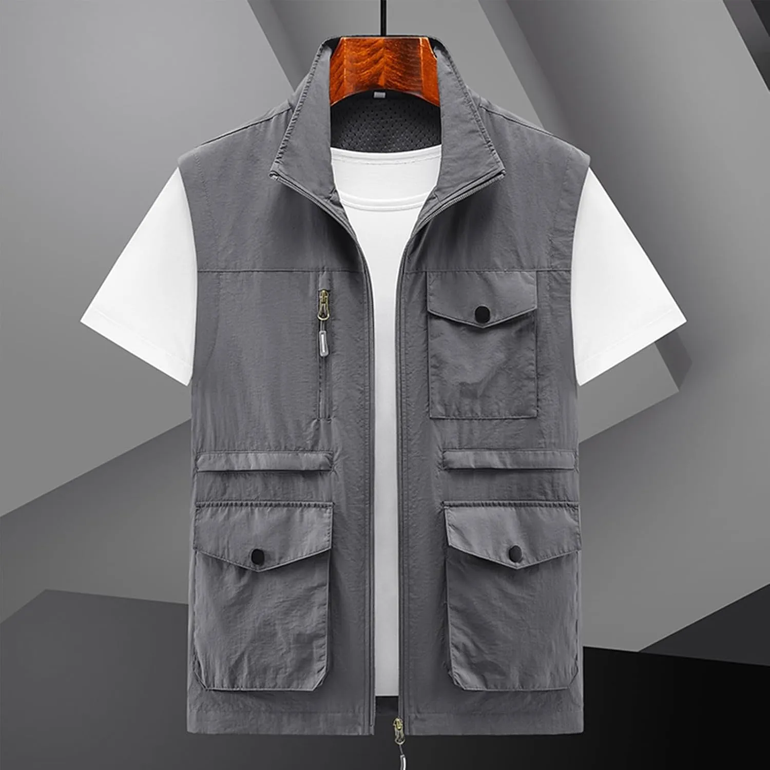 Mens Full-Zip Utility Work Vest Outdoor Sleeveless Softshell Jacket Multi-Pockets Cargo Vest for Fishing Photo Travel