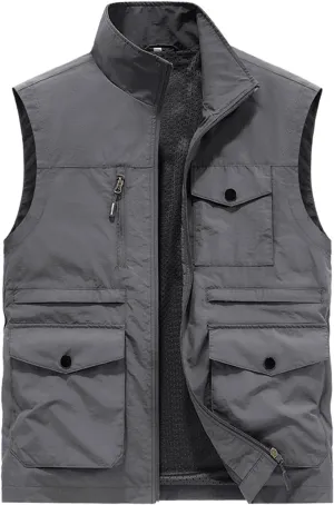 Mens Full-Zip Utility Work Vest Outdoor Sleeveless Softshell Jacket Multi-Pockets Cargo Vest for Fishing Photo Travel