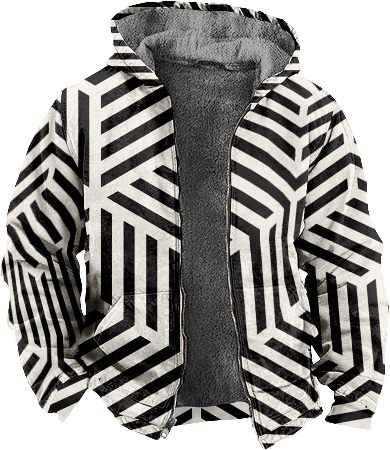Mens Fuzzy Sherpa Jacket Long Sleeve Fleece Zip Up Coat Faux Fur Cozy Outerwear Outdoor Thick Casual Hoodies Hooded