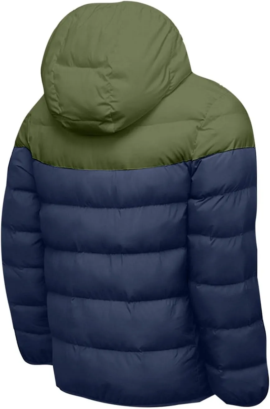 Men's Hooded Puffer Jackets Winter Warm Down Coats Trendy Color Block Outdoor Puffy Jacket Outerwear with Pockets