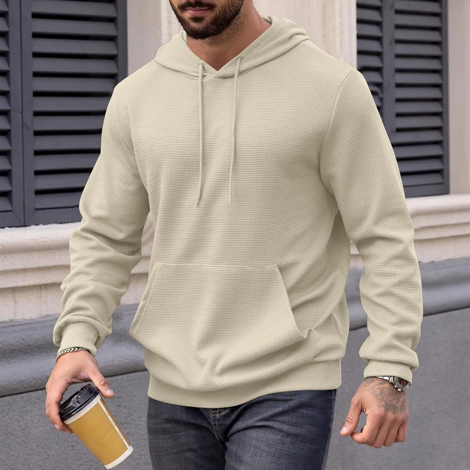Mens Hooded Sweatshirt Long Sleeve Drawstring Solid Color Hoodies With Pocket Casual Relaxed Fit Pullover Shirts Tops