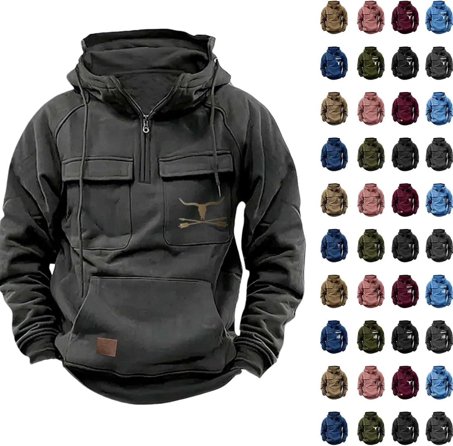 Mens Hoodies Aztec Vintage Graphic Western Hoodies Casual Long Sleeve Quarter Zip Pullover Sweatshirts with Pockets