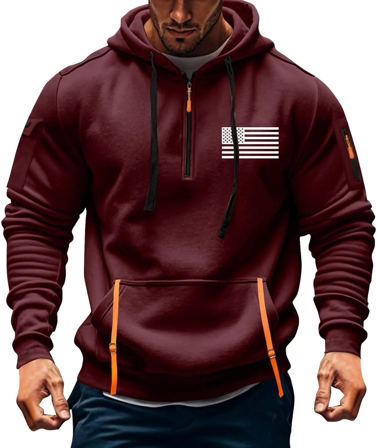 Mens Hoodies Pullover Quarter Zip Heavyweight Workout Sweatshirt Usa Flag Print Military Tactical Hoodie With Pockets