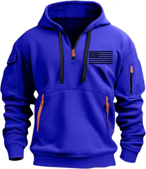 Mens Hoodies Pullover Quarter Zip Heavyweight Workout Sweatshirt Usa Flag Print Military Tactical Hoodie With Pockets