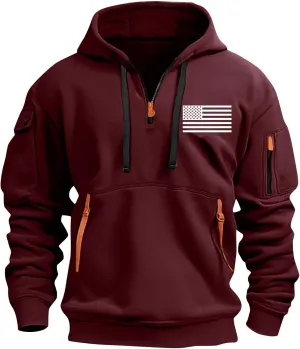 Mens Hoodies Pullover Quarter Zip Heavyweight Workout Sweatshirt Usa Flag Print Military Tactical Hoodie With Pockets