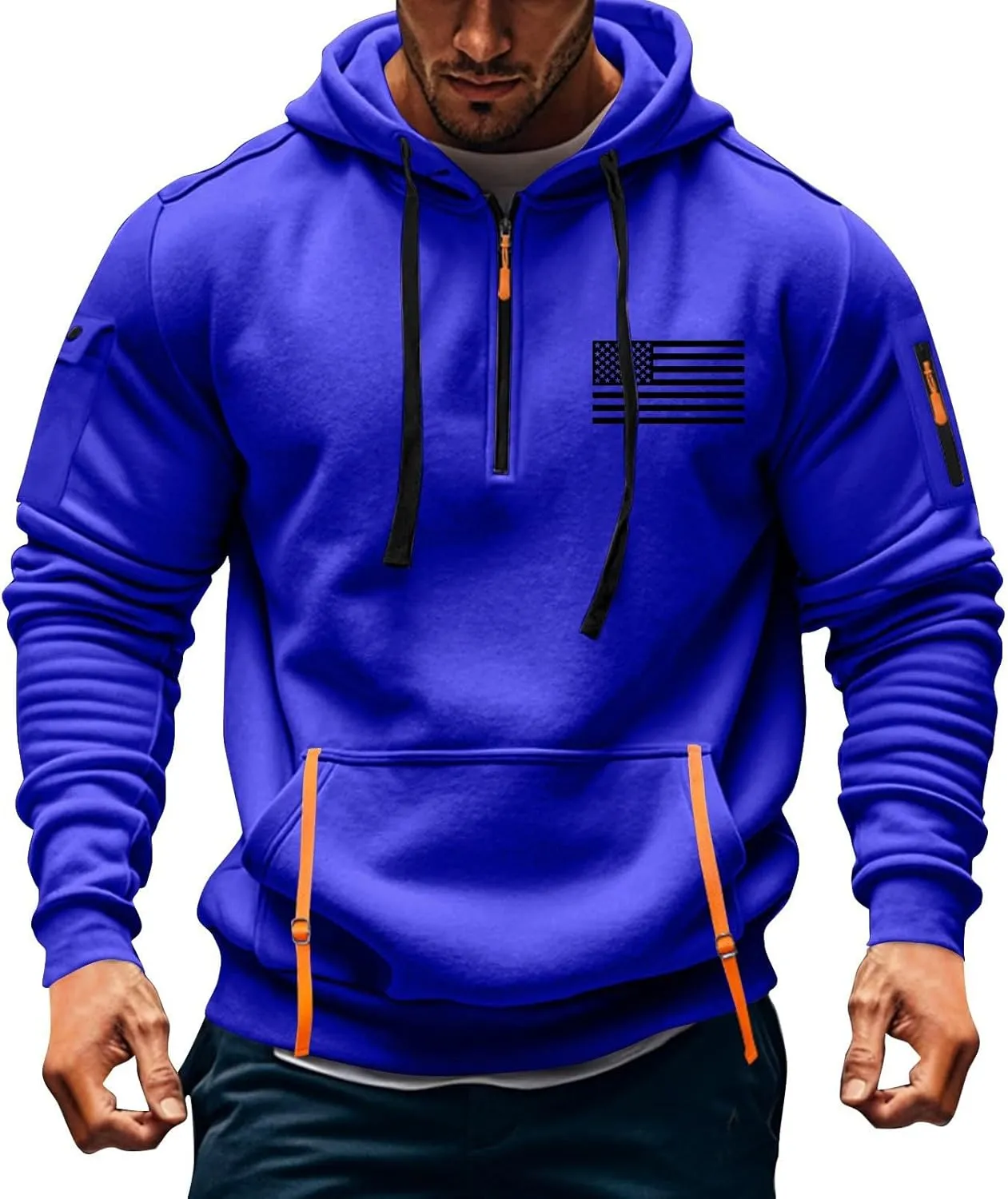 Mens Hoodies Pullover Quarter Zip Heavyweight Workout Sweatshirt Usa Flag Print Military Tactical Hoodie With Pockets