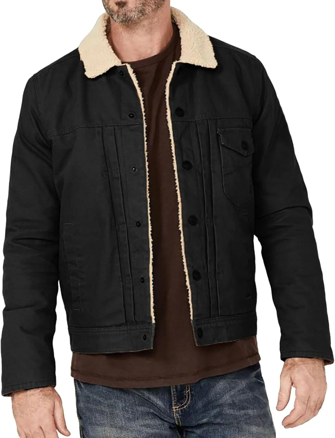 Men's Lapel Fleece Lined Thicken Denim Jean Trucker Jacket Coats Sherpa Lined Trucker Jacket for Men