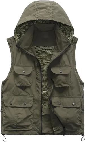 Men's Lightweight Quick Dry Multi Pockets Hooded Cargo Vest Outdoor Utility Fishing Photo Safari Work Travel Vest Jacket