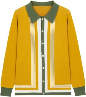 Mens Long Sleeve Button Down Knitted Cardigan Sweaters Trendy Loose FIt Lapel Stripe Printed Winter Knit Sweater