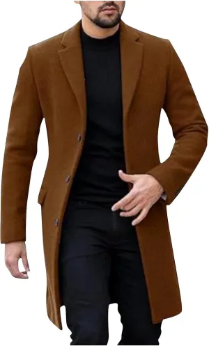 Men's Notch Lapel Single Breasted Long Trench Coat Casual Cotton Blend Peacoat Slim Fit Winter Pea Coat Overcoats