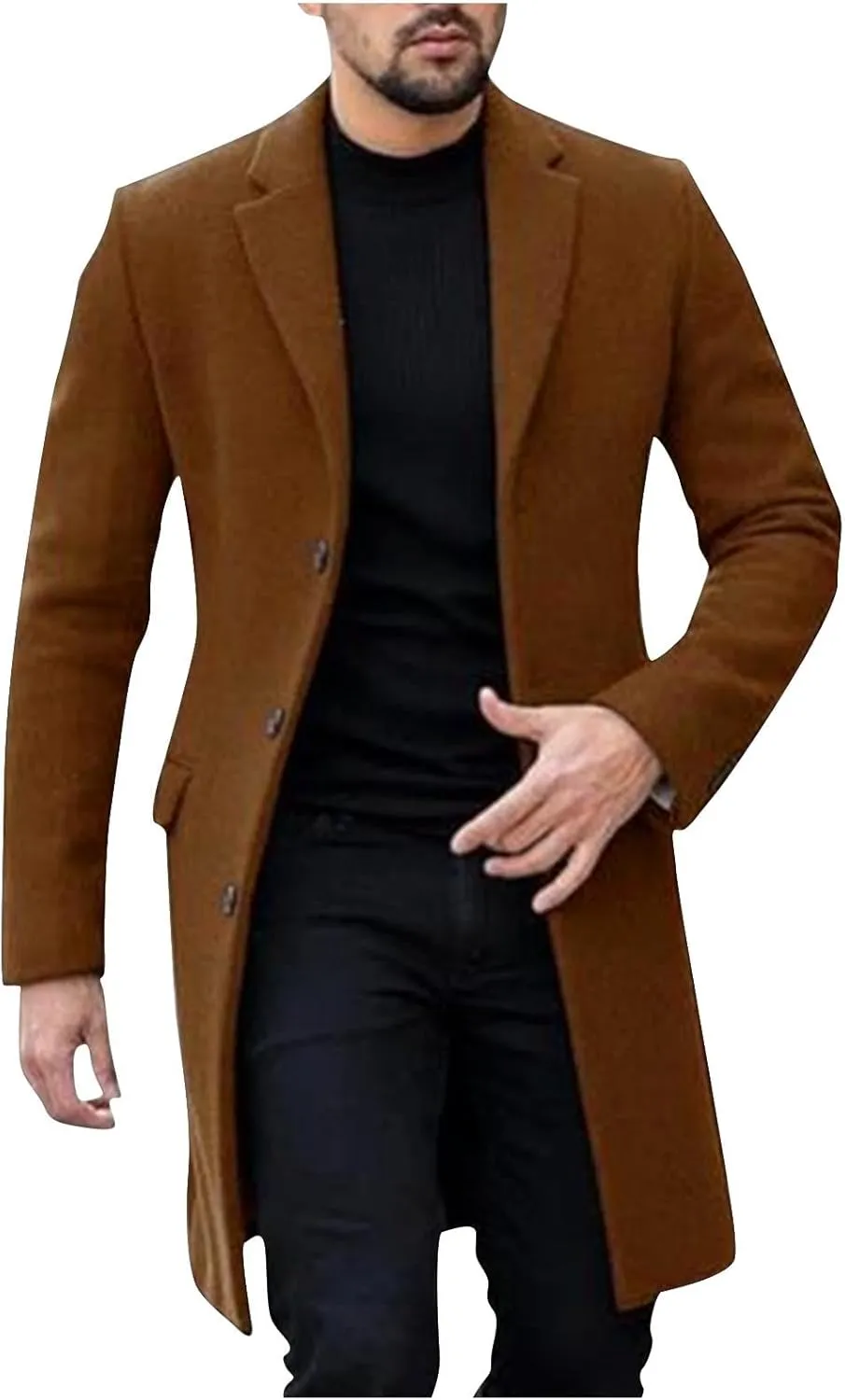 Men's Notch Lapel Single Breasted Long Trench Coat Casual Cotton Blend Peacoat Slim Fit Winter Pea Coat Overcoats