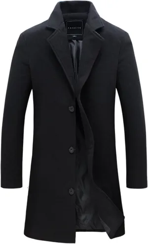 Mens Overcoat Wool Blend Jackets Pea Coat Notched Collar Single Breasted Warm Work Business Winter Long Rench Coat
