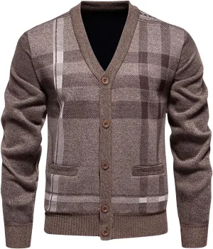 Mens Plaid Cardigan Sweater Button Down Knit Sweater Casual Long Sleeve Sweater Lightweight V Neck Cardigan