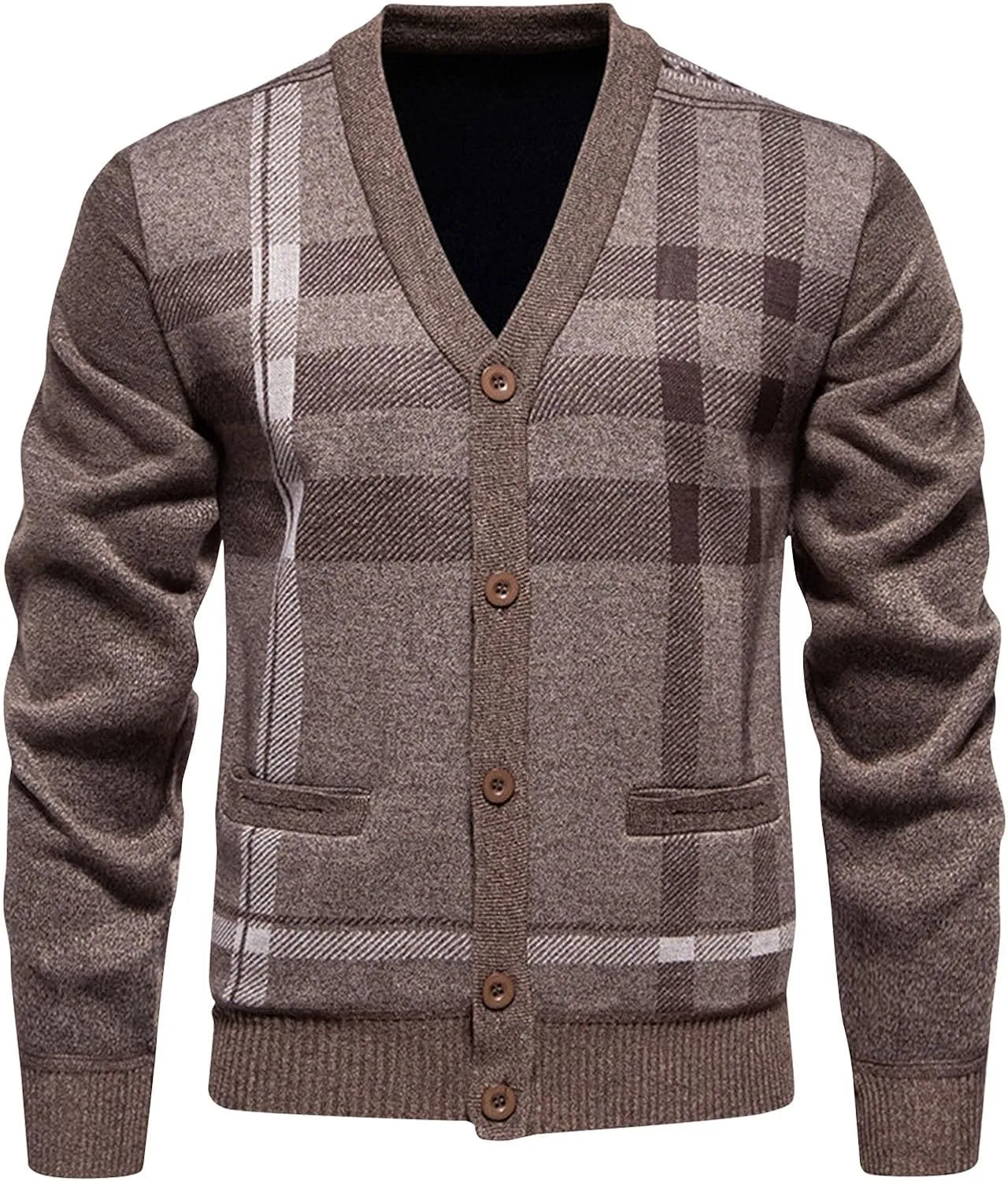 Mens Plaid Cardigan Sweater Button Down Knit Sweater Casual Long Sleeve Sweater Lightweight V Neck Cardigan