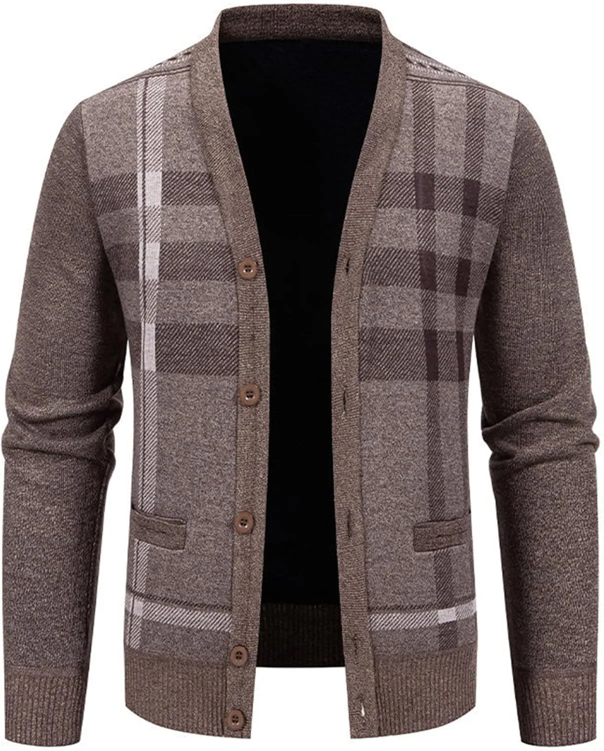 Mens Plaid Cardigan Sweater Button Down Knit Sweater Casual Long Sleeve Sweater Lightweight V Neck Cardigan