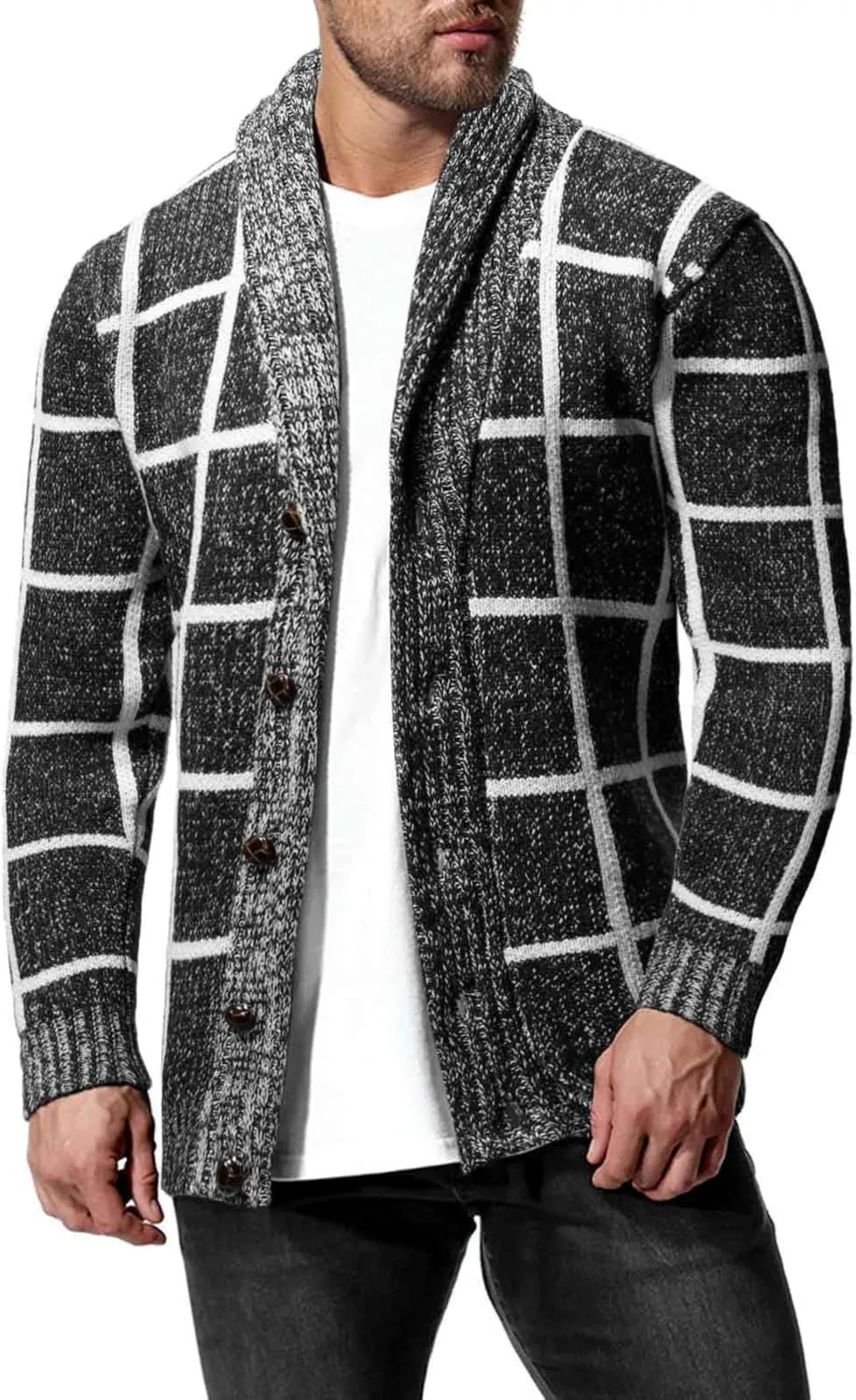 Mens Plaid Cardigan Sweater Cable Knit Shawl Collar Cardigan Vintage Knit Sweater Button Down Open Front Cardigan