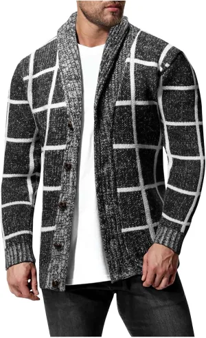 Mens Plaid Cardigan Sweater Cable Knit Shawl Collar Cardigan Vintage Knit Sweater Button Down Open Front Cardigan