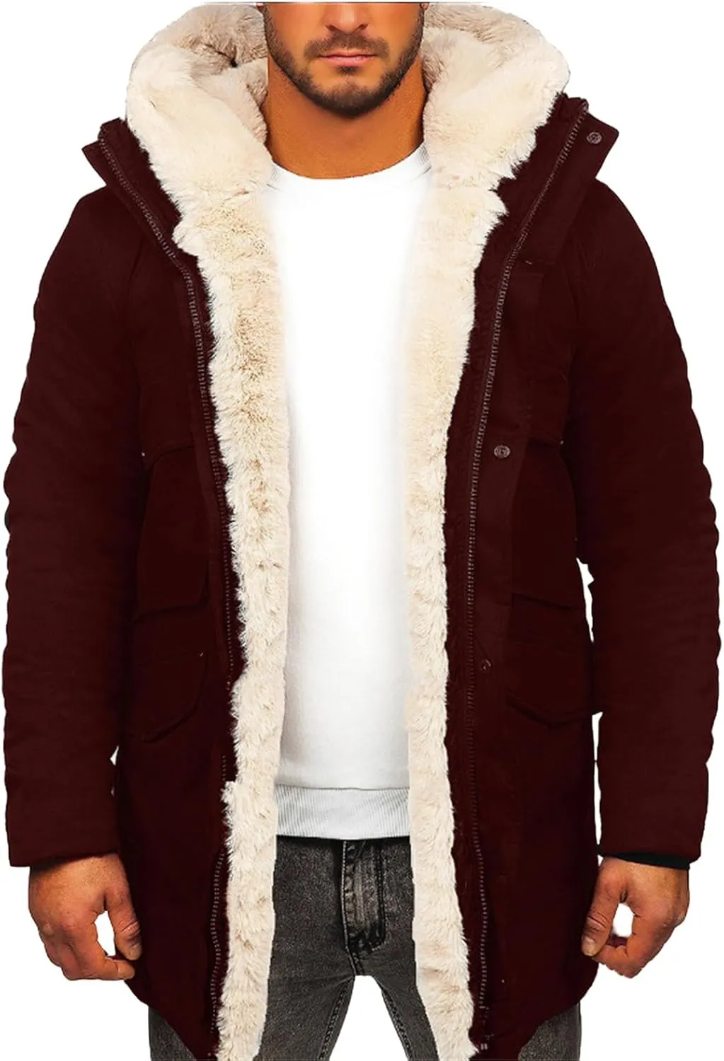 Mens Sherpa Lined Coat with Hood Warm Fuzzy Fleece Lined Long Jacket Trench Coats Winter Thick Sheepskin Coat for Men