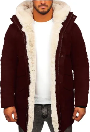 Mens Sherpa Lined Coat with Hood Warm Fuzzy Fleece Lined Long Jacket Trench Coats Winter Thick Sheepskin Coat for Men