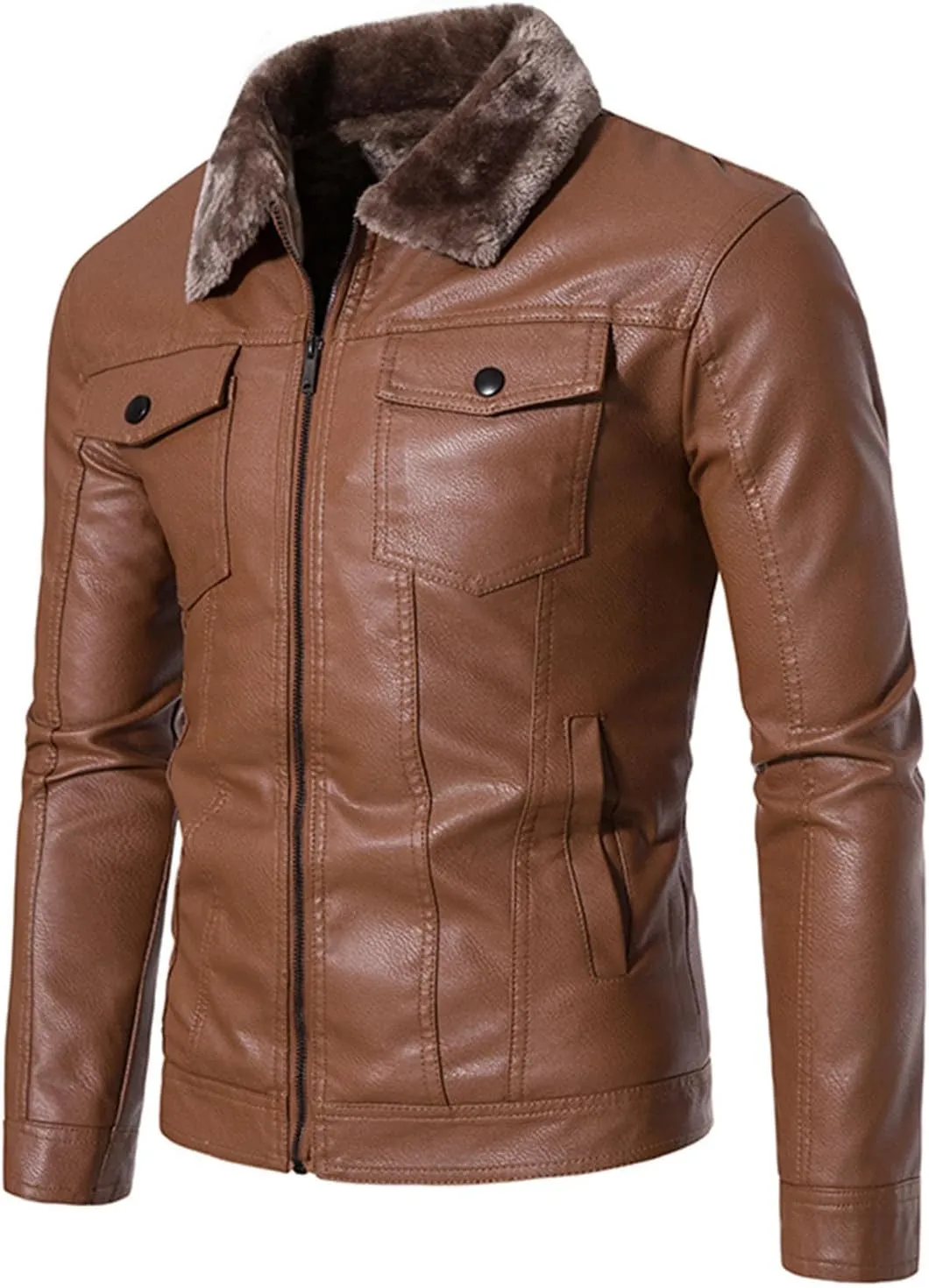 Mens Slim Fit Faux Leather Jacket Brown Sherpa Fleece Lined Motorcycle Jacket Zip Up Biker Bomber Jacket