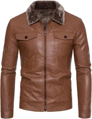 Mens Slim Fit Faux Leather Jacket Brown Sherpa Fleece Lined Motorcycle Jacket Zip Up Biker Bomber Jacket
