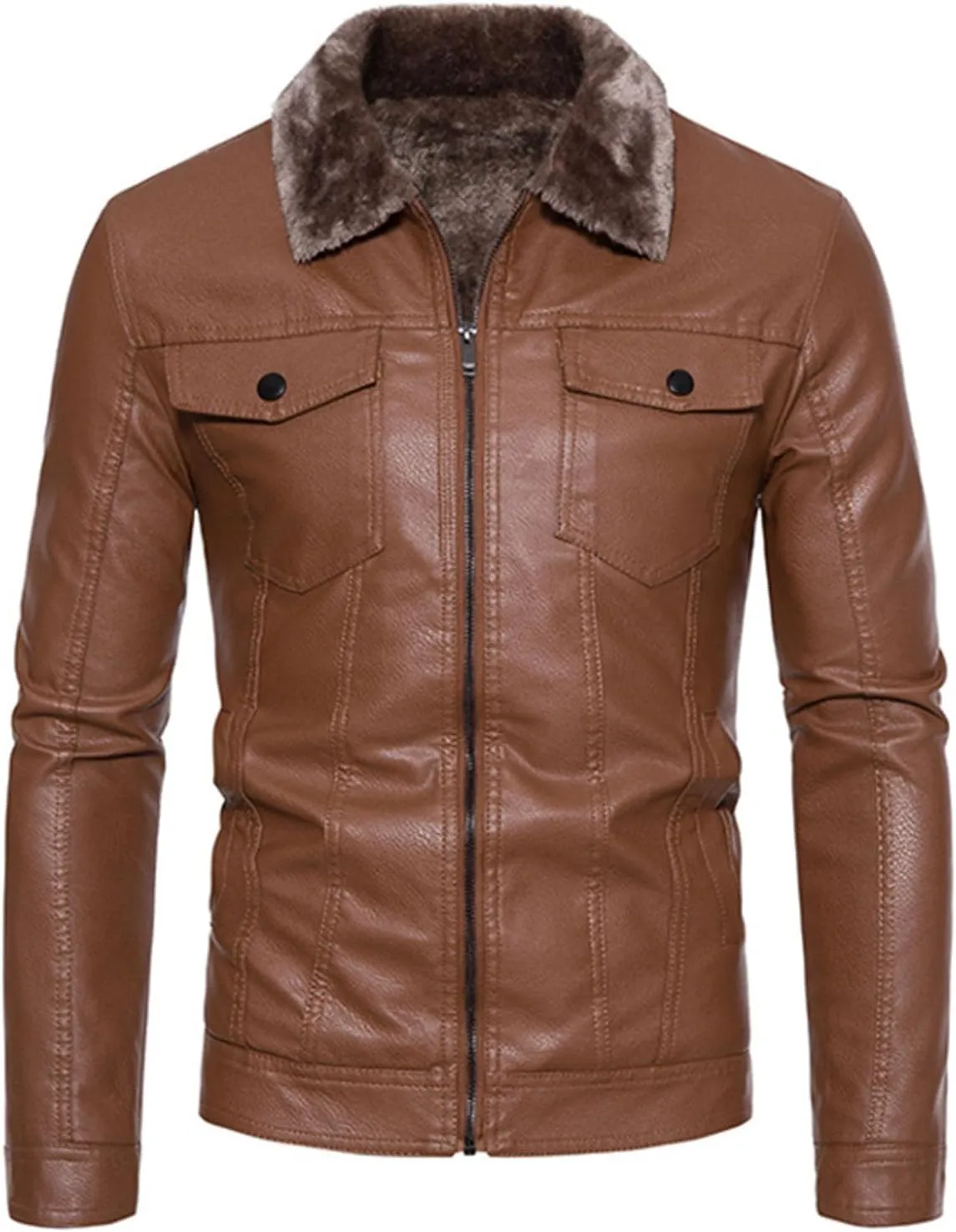 Mens Slim Fit Faux Leather Jacket Brown Sherpa Fleece Lined Motorcycle Jacket Zip Up Biker Bomber Jacket