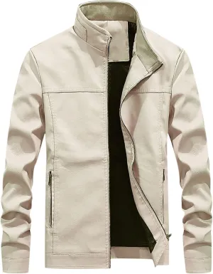 Mens Slim Fit Faux Leather Jacket Stand Collar Zip Up PU Leather Coat Motorcycle Biker Jacket with Pockets