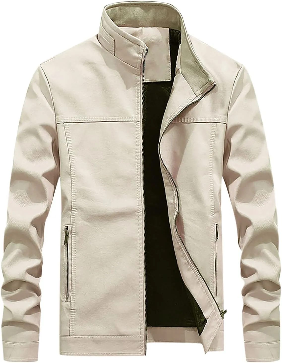 Mens Slim Fit Faux Leather Jacket Stand Collar Zip Up PU Leather Coat Motorcycle Biker Jacket with Pockets