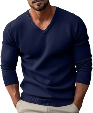 Men's V Neck Sweater Solid Color Long Sleeve Pullover Ribbed Knitted Tops Lightweight Casual Loose Oversize Sweater