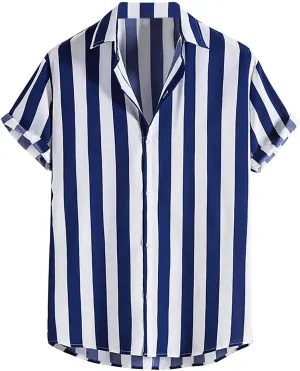 Men's Vintage Striped Shirts Relaxed Fit Casual Short Sleeve Button Down Shirt Summer Beach Vacation Hawaiian Shirt