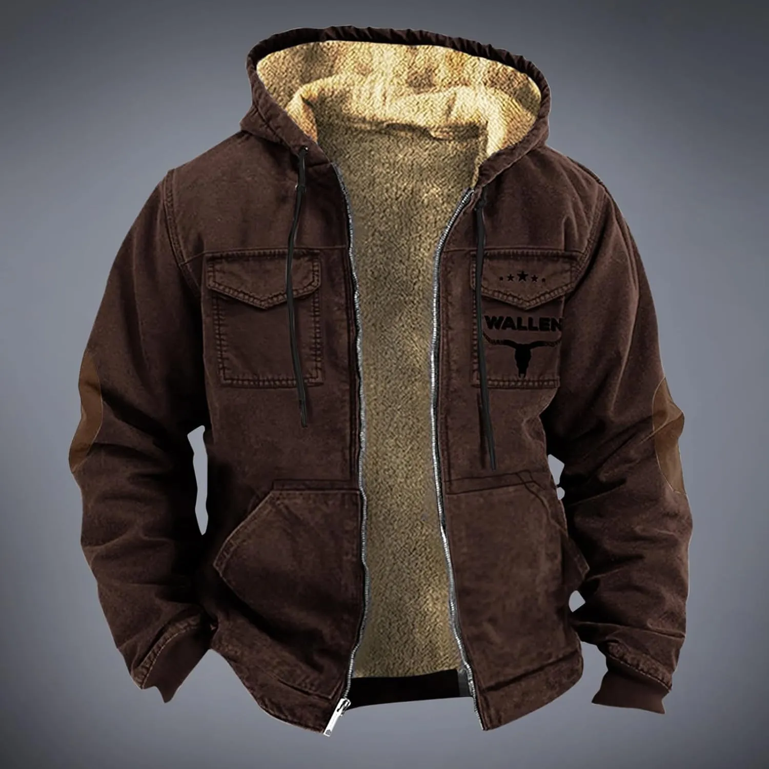Men'S Winter Coats Plus Thickened Pocket Western Cowboy Printed Hooded Warm Cotton Jacket Fleece Sherpa Lineed
