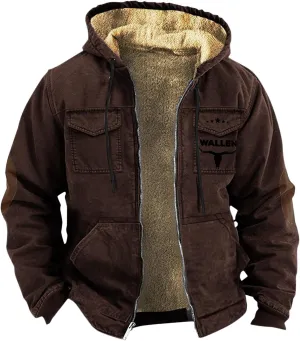 Men'S Winter Coats Plus Thickened Pocket Western Cowboy Printed Hooded Warm Cotton Jacket Fleece Sherpa Lineed