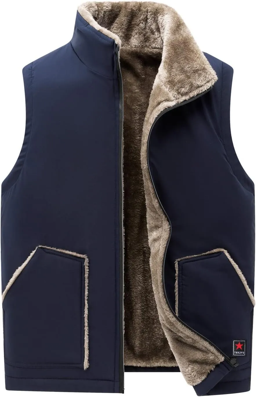 Mens Winter Fleece Lined Vest Zip Up Sleeveless Casual Utility Jacket Vest Sherpa Padded Warm Thick Gilet With Pocket