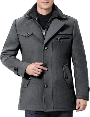 Men's Winter Pea Coat Slim Fit Single Breasted Short Wool Jacket Woolen Blend Trench Coat Thickening Fleece Overcoats