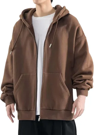 Men's Zip Up Hoodie Loose Fit Long Sleeve Sweatshirts Full Zip Drawstring Casual Lightweight Jacket With Pockets